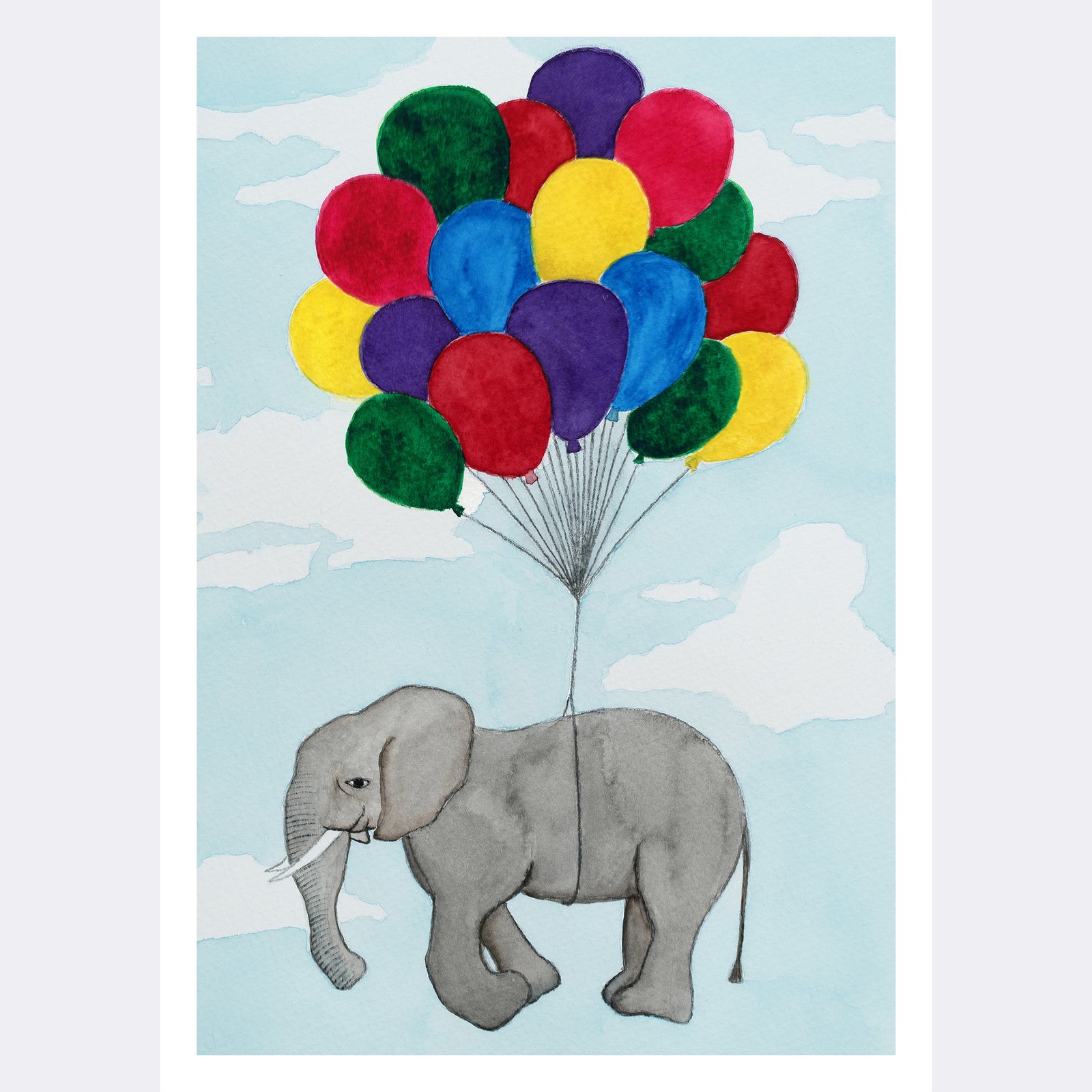A grey elephant tied to a bunch of colourful balloons flies high among the clouds (print only)