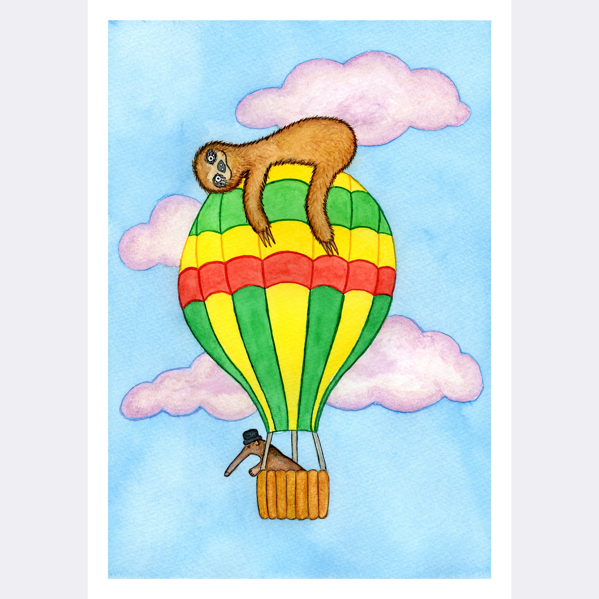 A sleepy brown sloth lies on top of a green, red, and yellow hot air balloon being steered into the clouds by an anteater wearing a hat (print only)