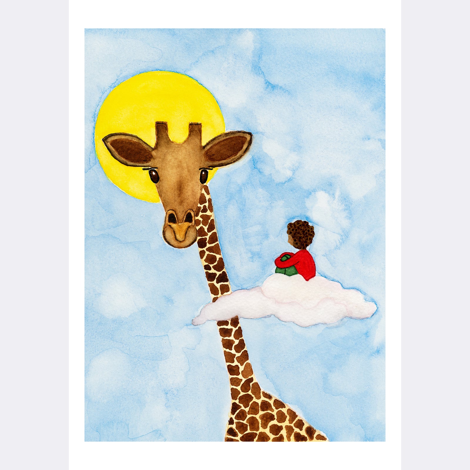 A young white boy with blonde hair sits on a cloud that brings him up to a giraffe's face (print only)