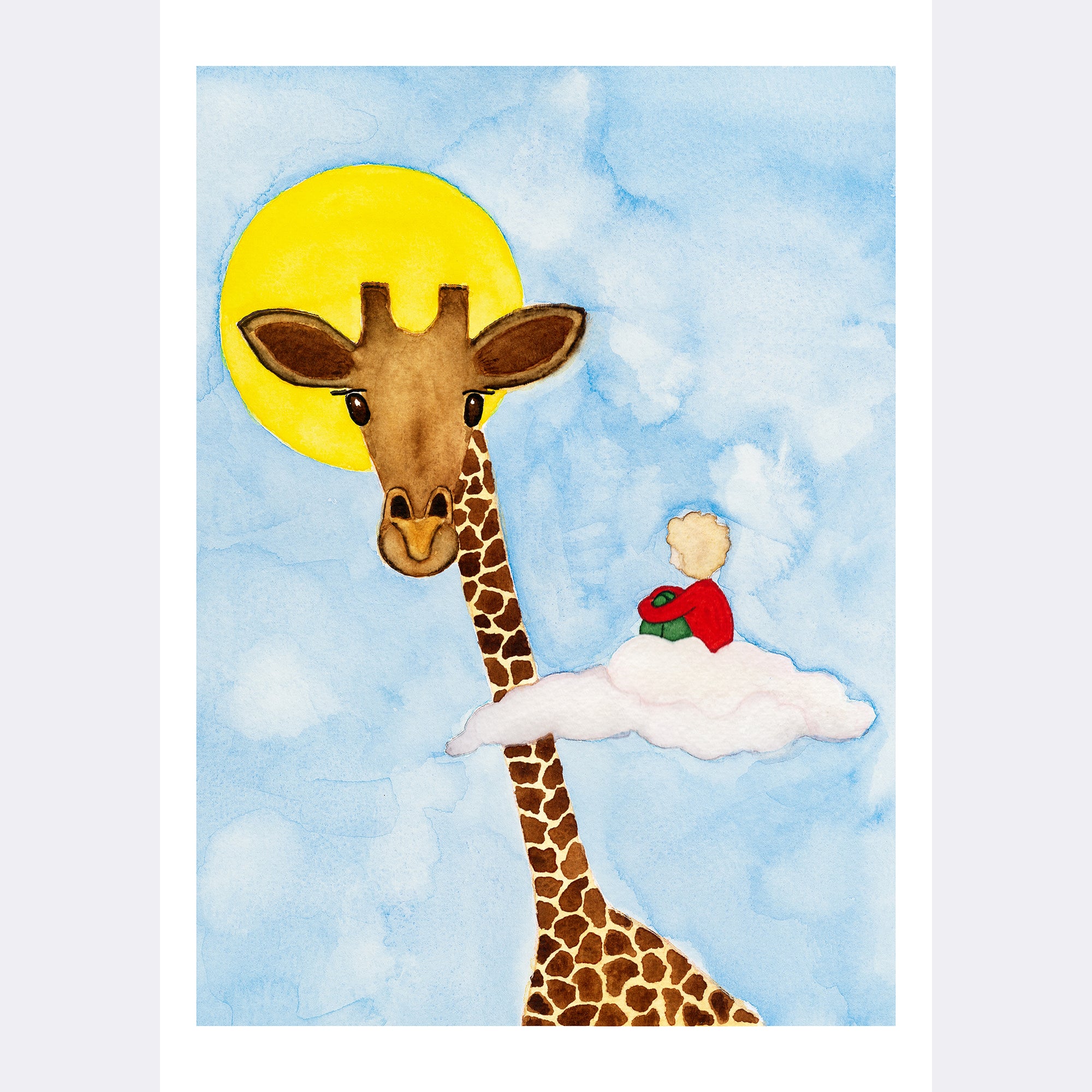 A young white boy with blonde hair sits on a cloud that brings him up to a giraffe's face (print only)