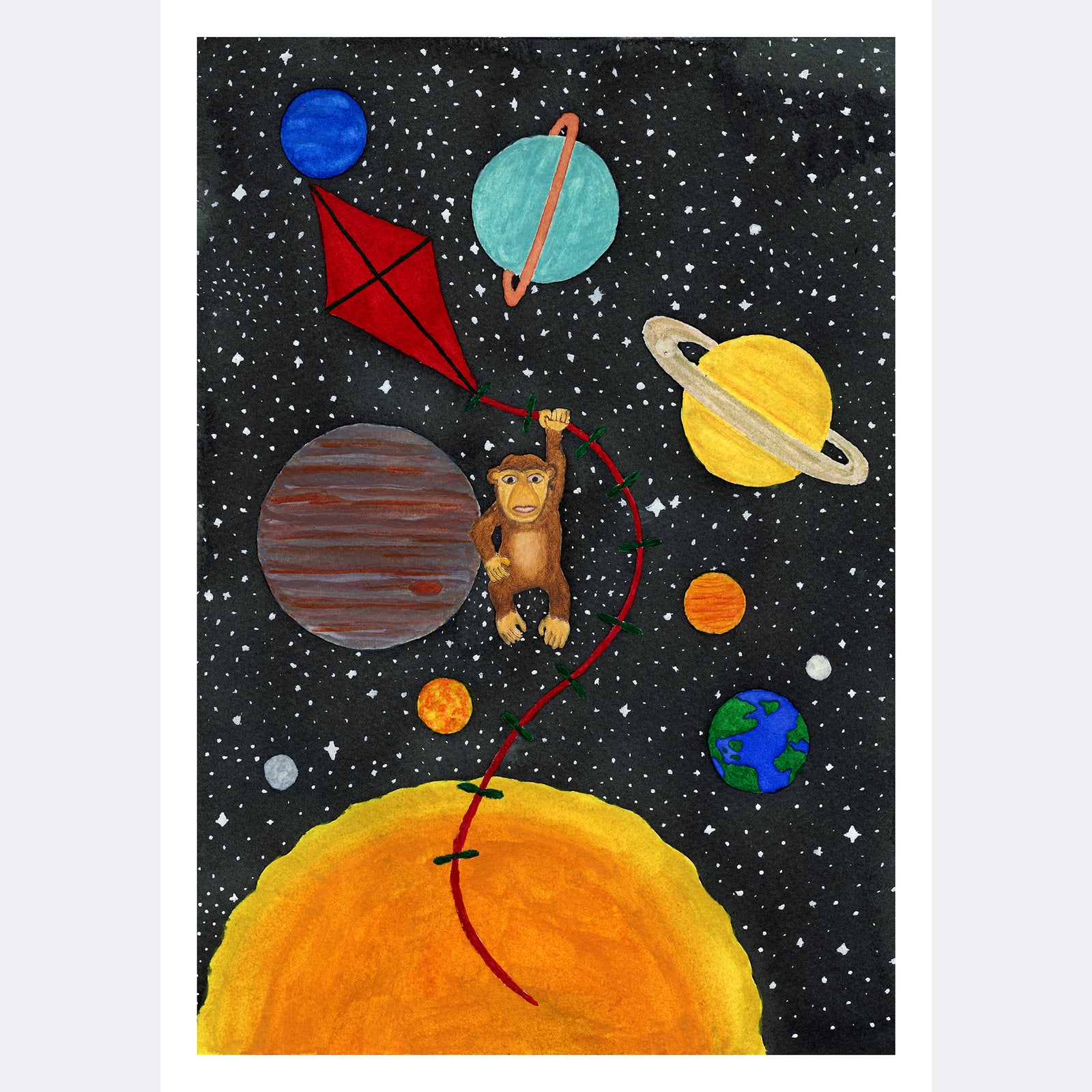 A brown monkey holds on to a red kite among the sun, stars and planets in space (print only)