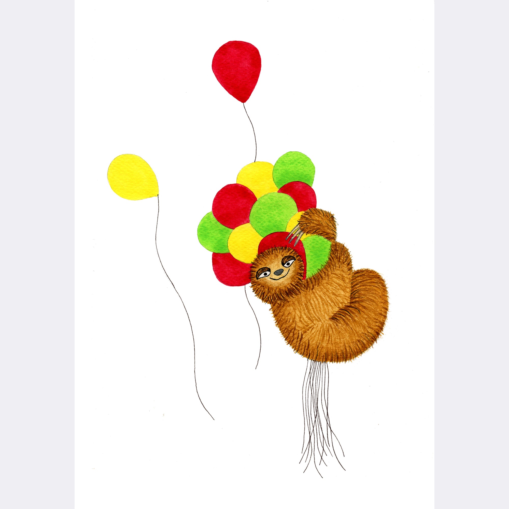 A furry brown sloth flies high while holding on to a bunch of red, yellow, and green balloons, though a couple of the balloons have escaped his grasp (print only)