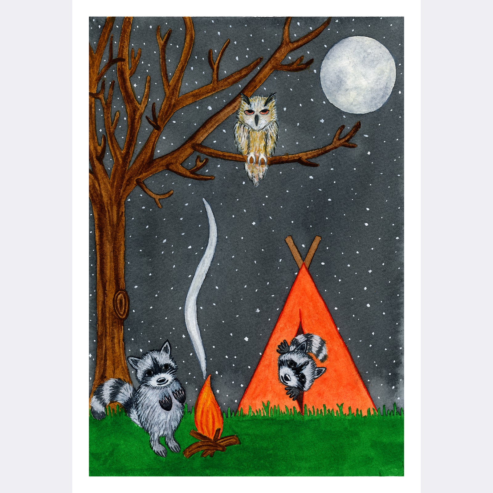Against a starry night, a racoon warms his hands by a log fire as another watches from inside an orange tent, while a brown owl watches on (print only)