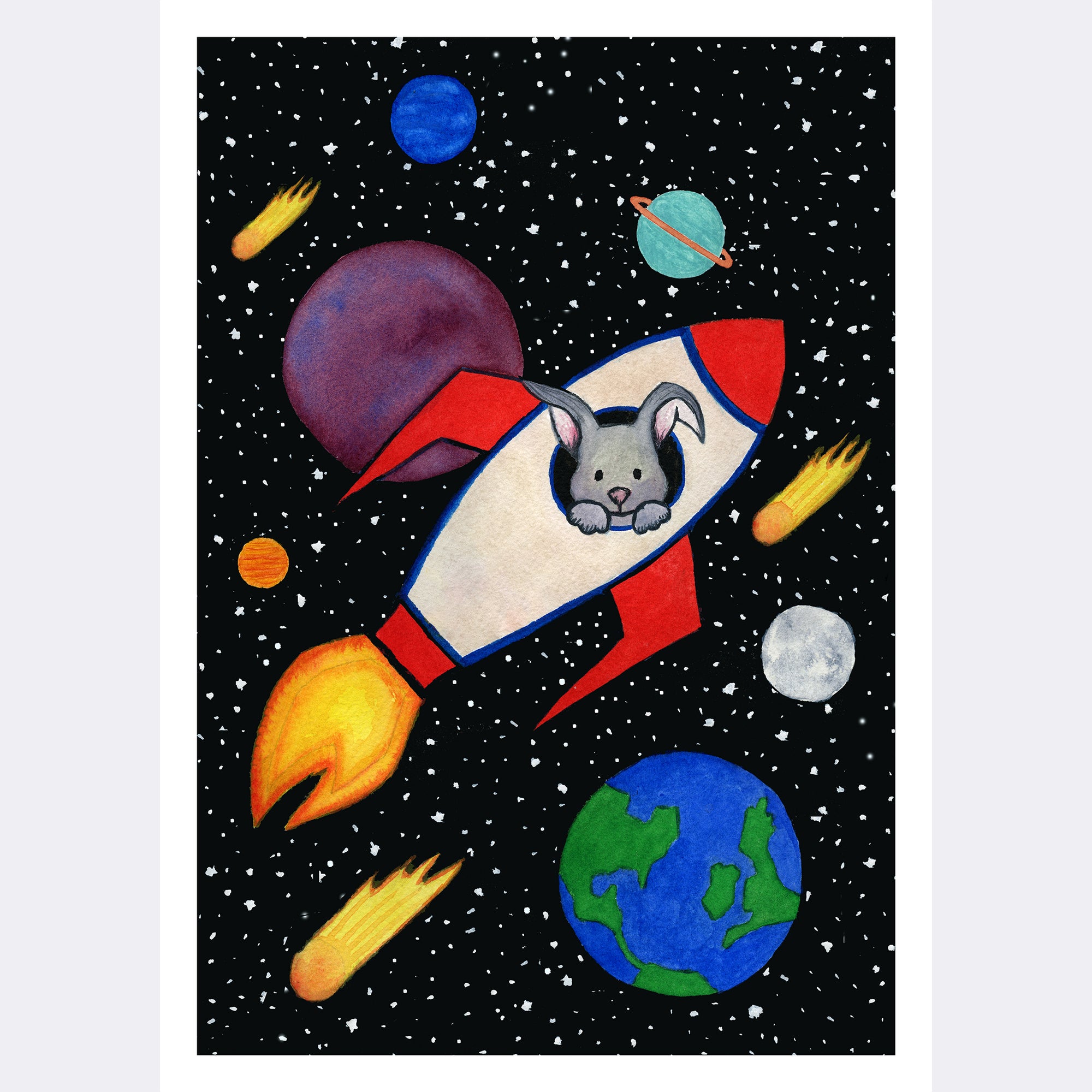 A grey bunny looks out of the window of a red, white and blue rocket, as it flies through space amongst colourful planets, stars and comets (print only)