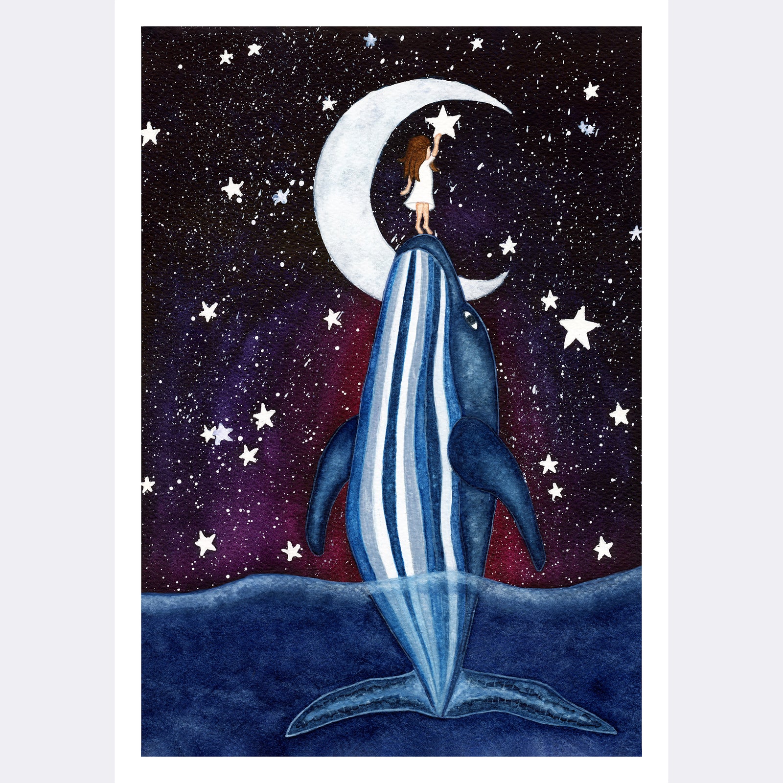 A white girl with brown hair is lifted up by a blue whale to grab a star out of a starry night sky in front of a crescent moon (print only)